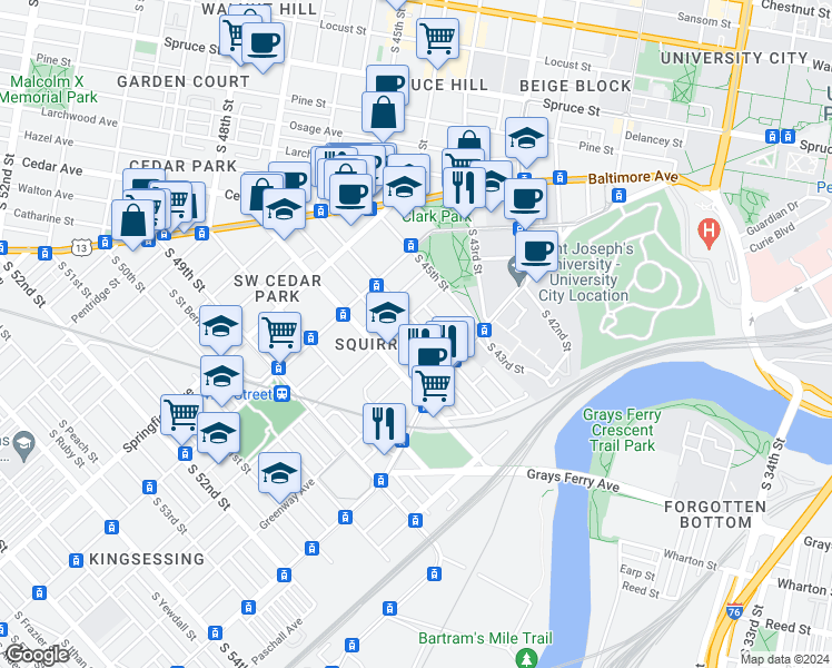 map of restaurants, bars, coffee shops, grocery stores, and more near 1210 South Markoe Street in Philadelphia