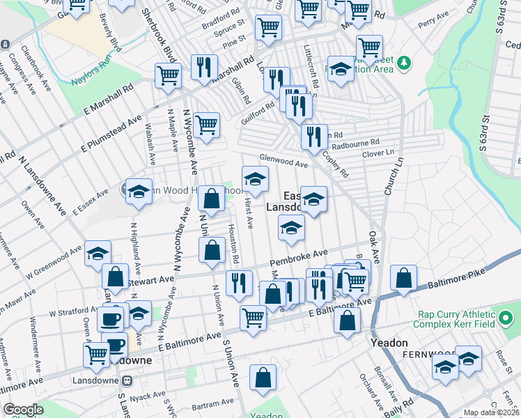 map of restaurants, bars, coffee shops, grocery stores, and more near 171 Hirst Avenue in Lansdowne
