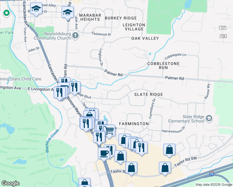 map of restaurants, bars, coffee shops, grocery stores, and more near 7740 Slate Ridge Boulevard in Reynoldsburg