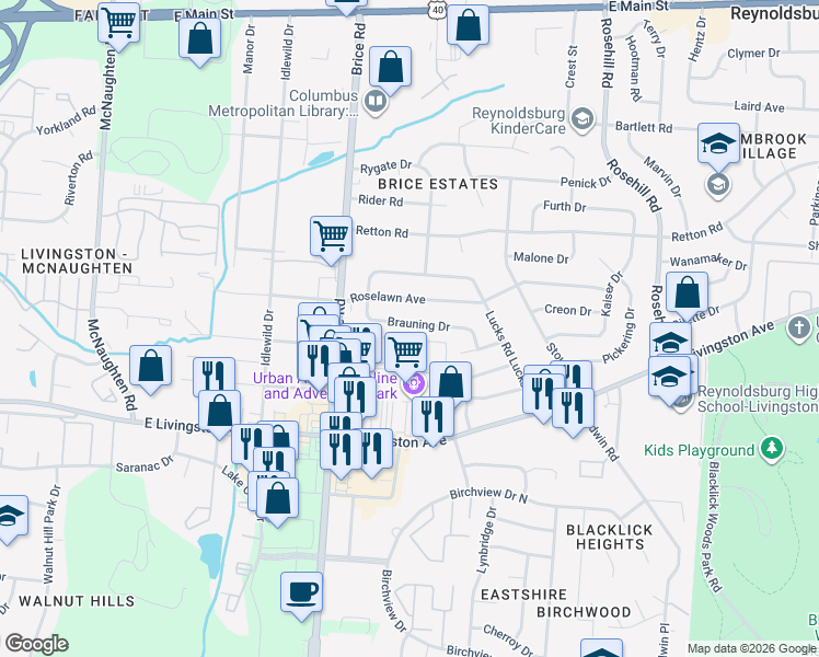 map of restaurants, bars, coffee shops, grocery stores, and more near 6298 Century City North in Reynoldsburg