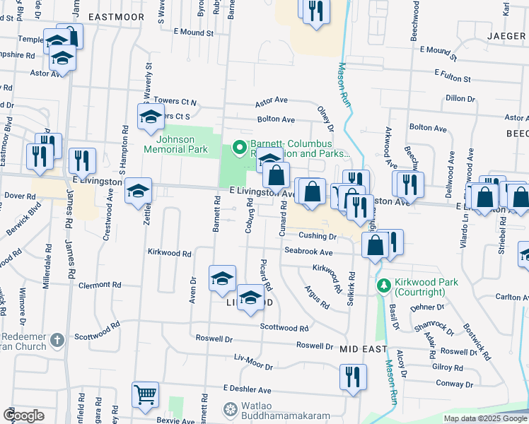 map of restaurants, bars, coffee shops, grocery stores, and more near 1325 Picard Road in Columbus