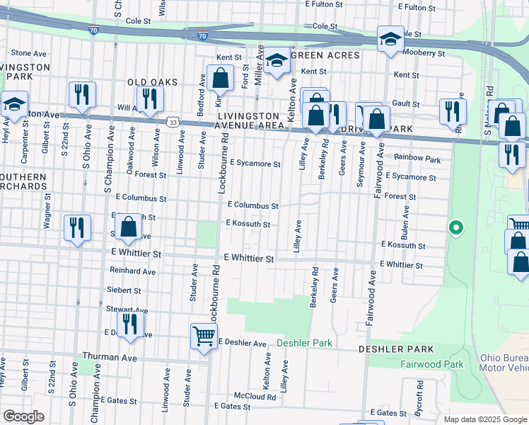 map of restaurants, bars, coffee shops, grocery stores, and more near 1350 East Kossuth Street in Columbus