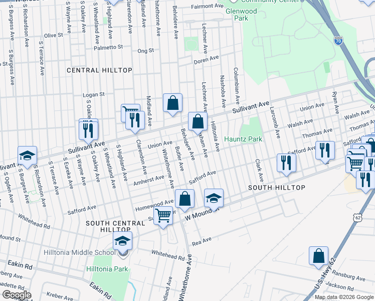 map of restaurants, bars, coffee shops, grocery stores, and more near 522 Belvidere Avenue in Columbus