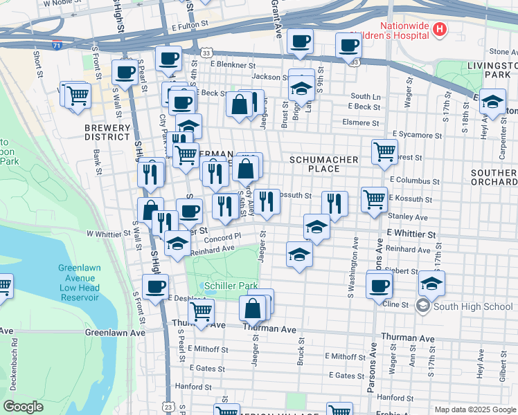 map of restaurants, bars, coffee shops, grocery stores, and more near 247 Lansing Street in Columbus