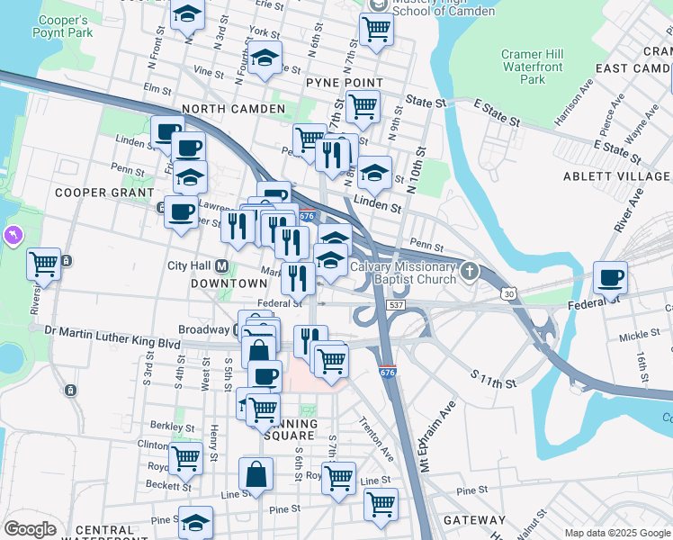map of restaurants, bars, coffee shops, grocery stores, and more near 817 Carpenter Street in Camden