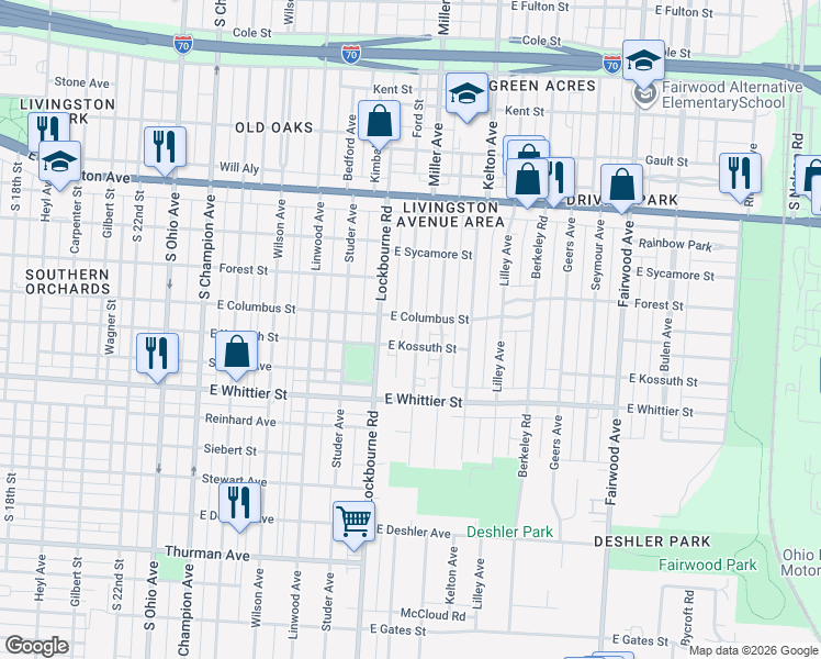 map of restaurants, bars, coffee shops, grocery stores, and more near 1036 Miller Avenue in Columbus