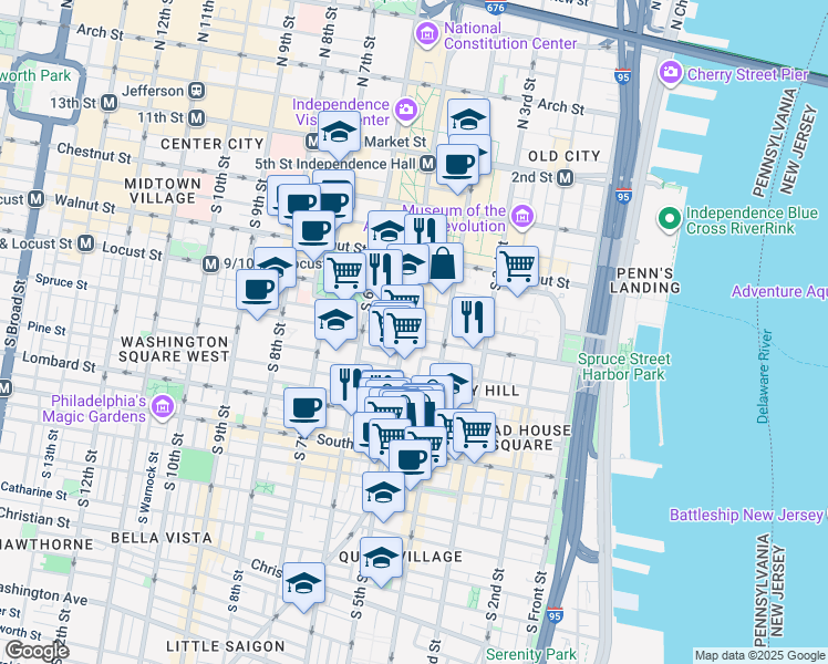 map of restaurants, bars, coffee shops, grocery stores, and more near 431 Spruce Street in Philadelphia
