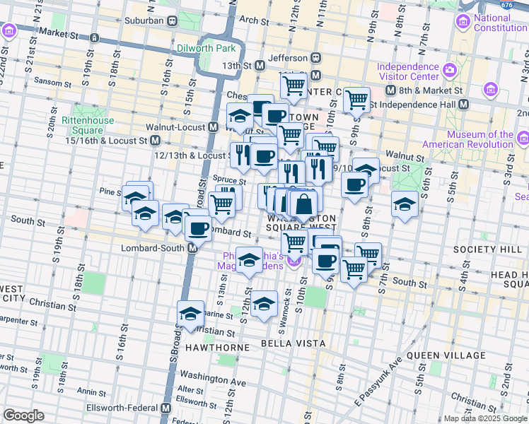 map of restaurants, bars, coffee shops, grocery stores, and more near 339 South 12th Street in Philadelphia