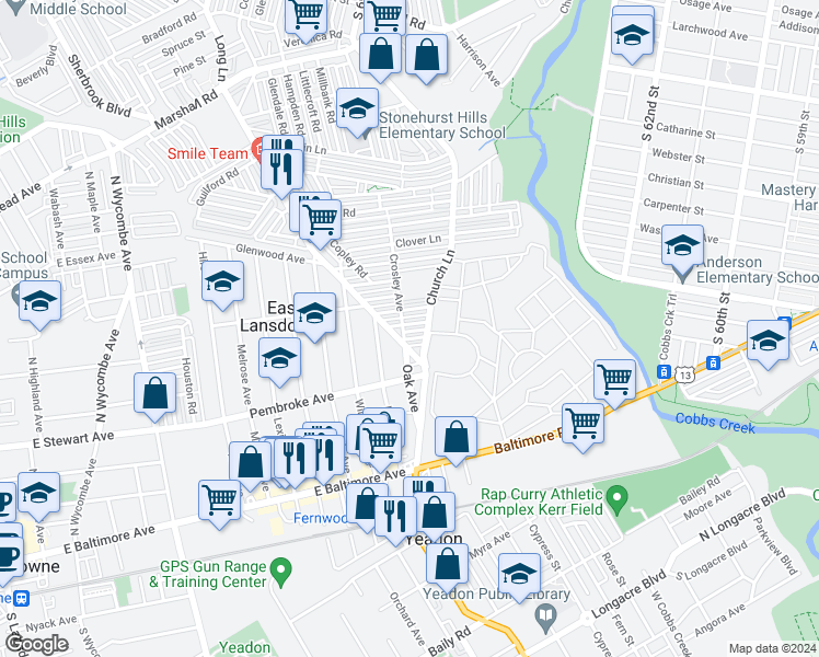 map of restaurants, bars, coffee shops, grocery stores, and more near 7022 Atlantic Avenue in Upper Darby