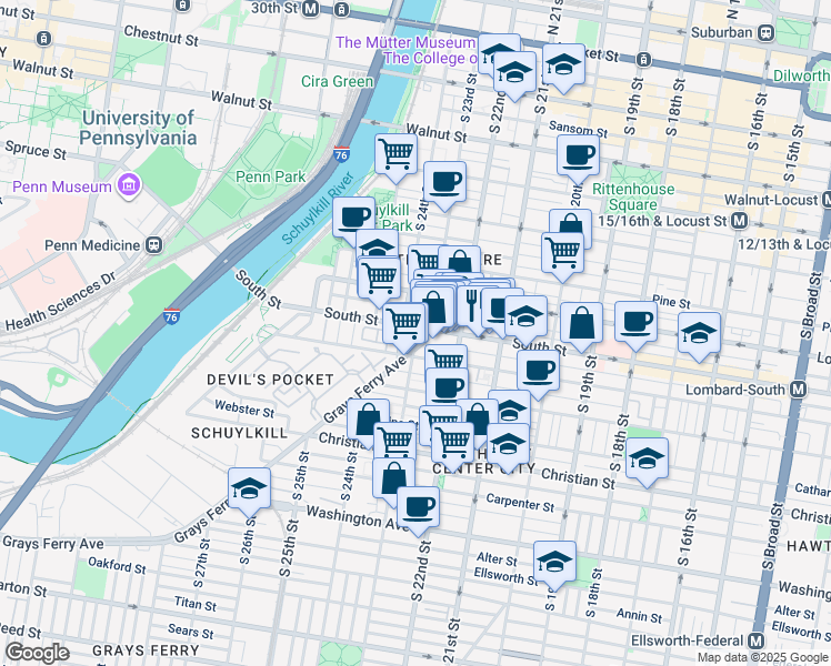 map of restaurants, bars, coffee shops, grocery stores, and more near 2314 South Street in Philadelphia