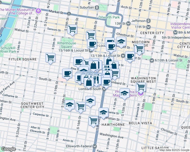 map of restaurants, bars, coffee shops, grocery stores, and more near 410 South 15th Street in Philadelphia