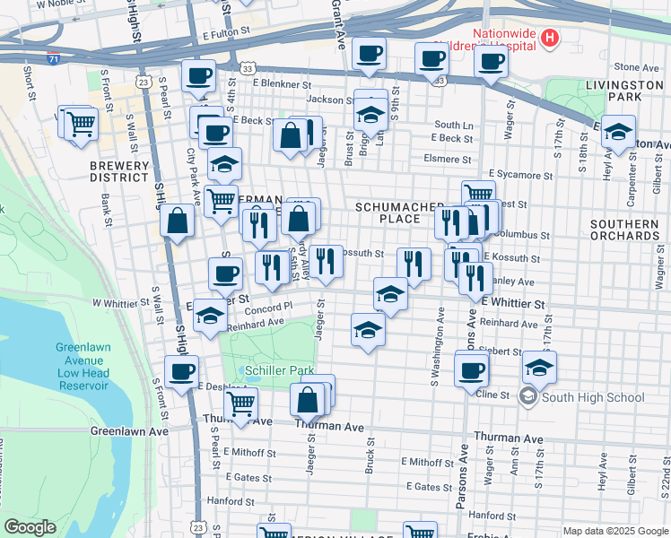 map of restaurants, bars, coffee shops, grocery stores, and more near 850 Jaeger Street in Columbus