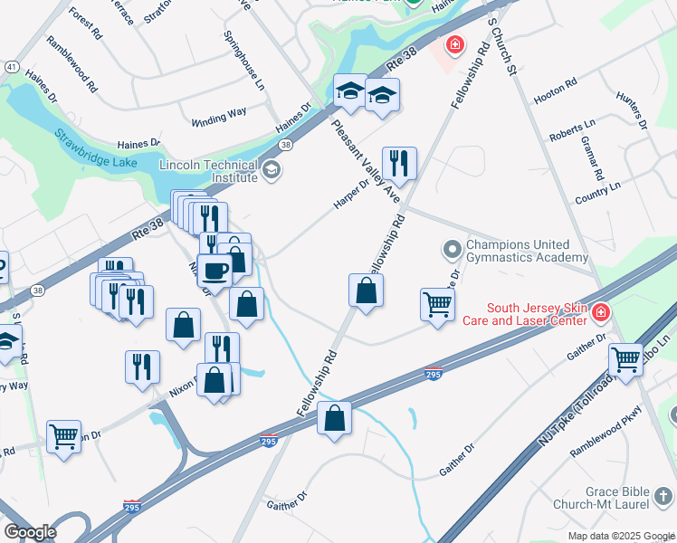 map of restaurants, bars, coffee shops, grocery stores, and more near 307 Fellowship Road in Mount Laurel