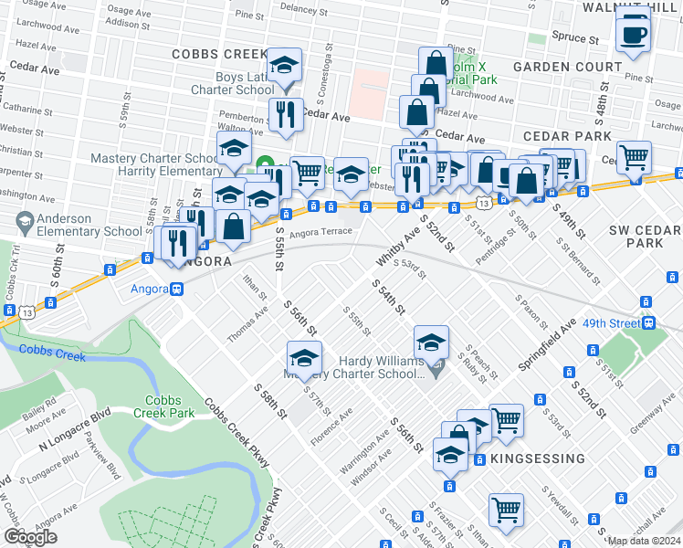 map of restaurants, bars, coffee shops, grocery stores, and more near 914 South Yewdall Street in Philadelphia