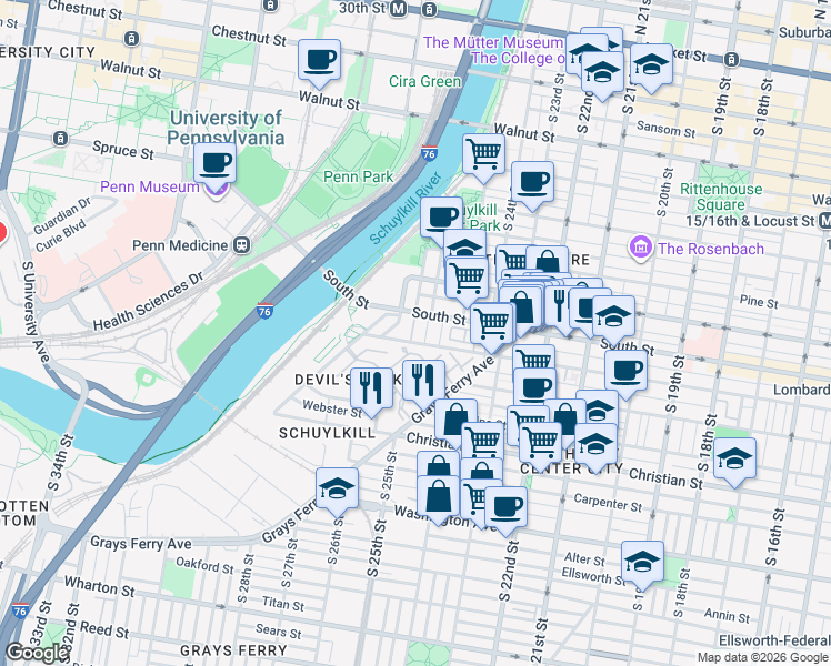 map of restaurants, bars, coffee shops, grocery stores, and more near 627 South Taney Street in Philadelphia