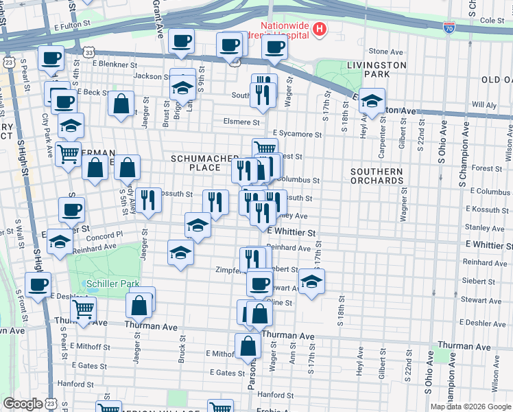 map of restaurants, bars, coffee shops, grocery stores, and more near 911 Parsons Avenue in Columbus
