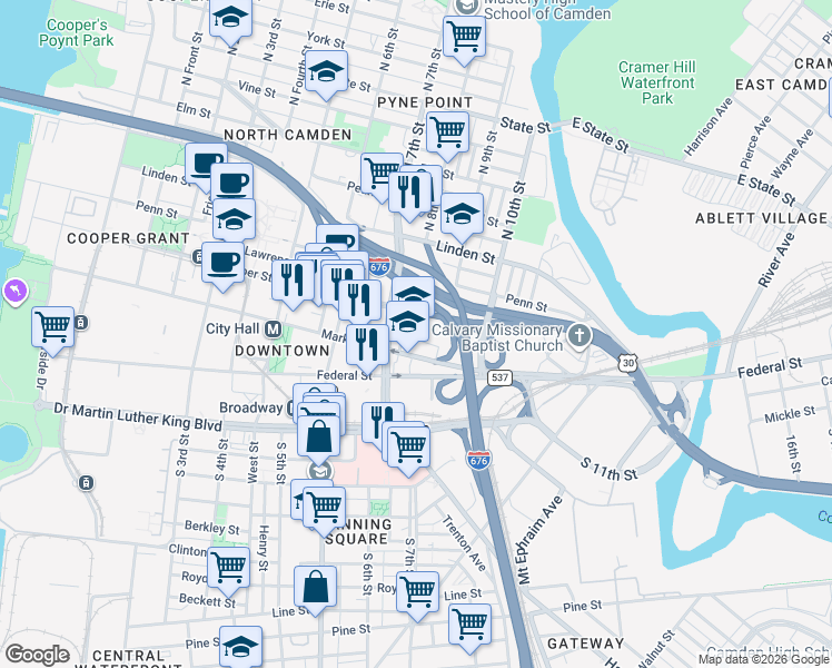 map of restaurants, bars, coffee shops, grocery stores, and more near 817 Carpenter Street in Camden