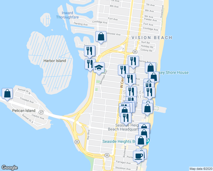 map of restaurants, bars, coffee shops, grocery stores, and more near 260 Hancock Avenue in Seaside Heights