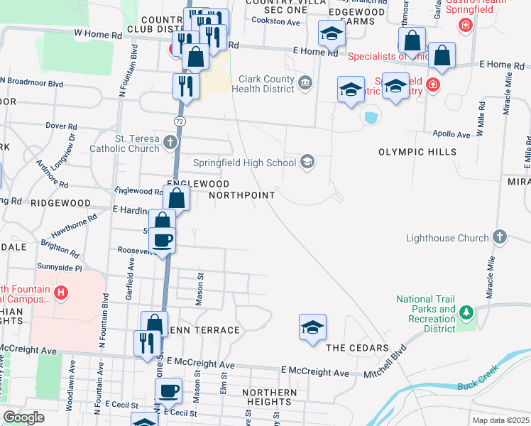 map of restaurants, bars, coffee shops, grocery stores, and more near 1701 Northpoint Road in Springfield