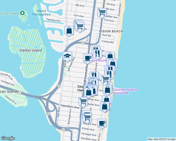 map of restaurants, bars, coffee shops, grocery stores, and more near 129 Fremont Avenue in Seaside Heights