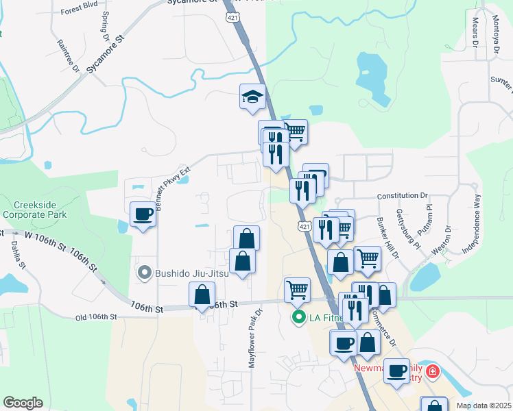 map of restaurants, bars, coffee shops, grocery stores, and more near 11005 Octave Drive in Zionsville