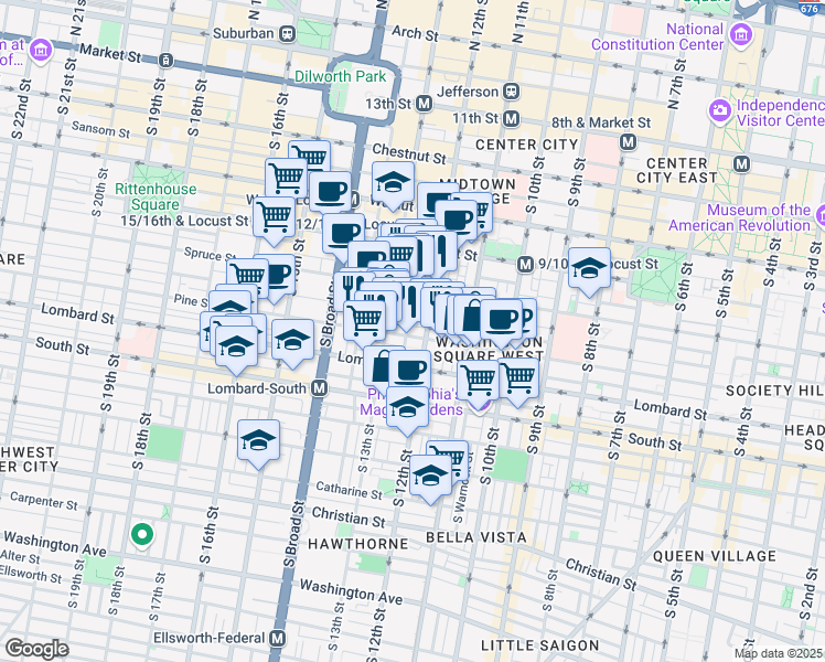 map of restaurants, bars, coffee shops, grocery stores, and more near 1217 Pine Street in Philadelphia