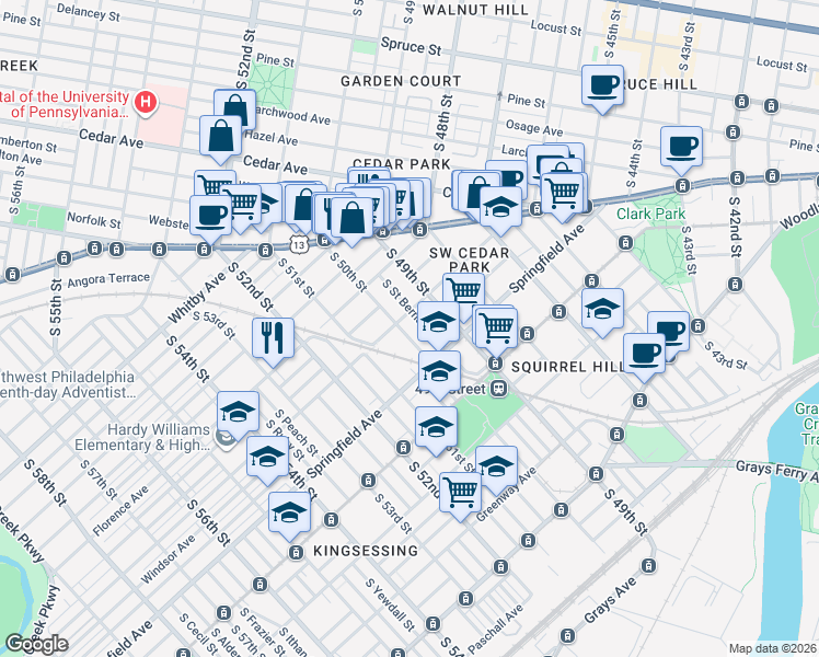 map of restaurants, bars, coffee shops, grocery stores, and more near 1011 South 50th Street in Philadelphia
