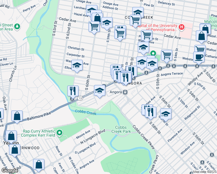 map of restaurants, bars, coffee shops, grocery stores, and more near 5826 Baltimore Avenue in Philadelphia