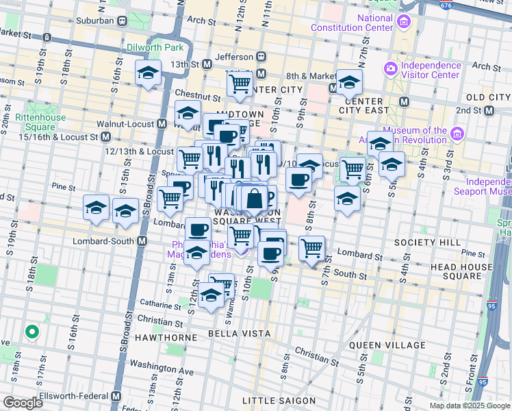 map of restaurants, bars, coffee shops, grocery stores, and more near 310 South 10th Street in Philadelphia