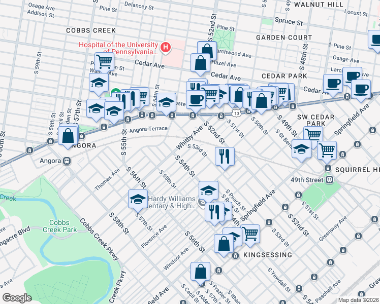 map of restaurants, bars, coffee shops, grocery stores, and more near 5330 Hadfield Street in Philadelphia
