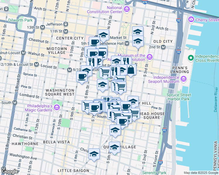 map of restaurants, bars, coffee shops, grocery stores, and more near South 6th Street & Spruce Street in Philadelphia