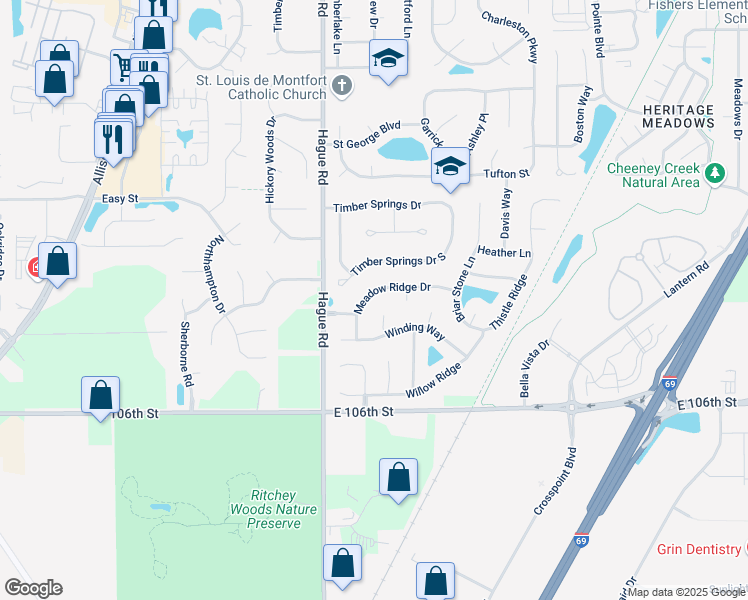 map of restaurants, bars, coffee shops, grocery stores, and more near 10722 Indigo Court in Fishers