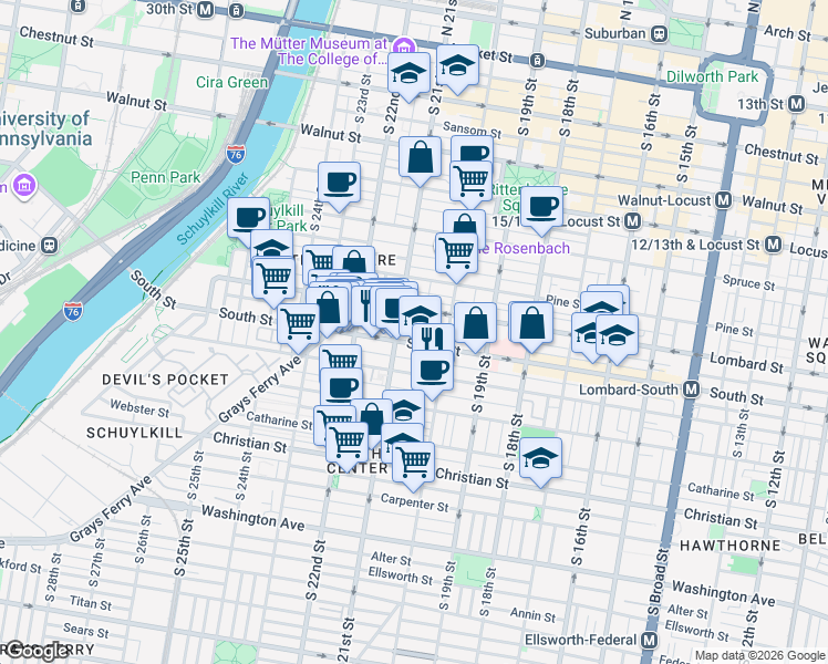 map of restaurants, bars, coffee shops, grocery stores, and more near 2112 South Street in Philadelphia