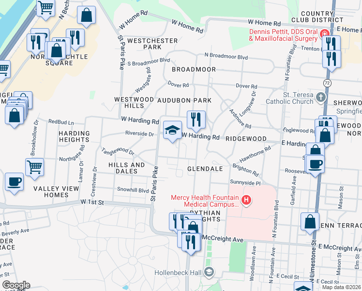 map of restaurants, bars, coffee shops, grocery stores, and more near 1624 North Yellow Springs Street in Springfield