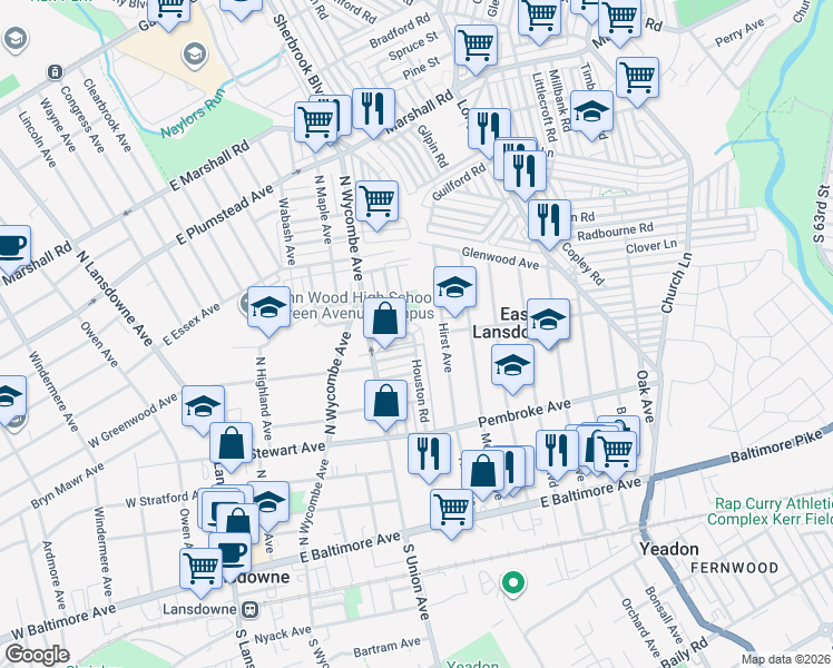 map of restaurants, bars, coffee shops, grocery stores, and more near 332 East Essex Avenue in Lansdowne