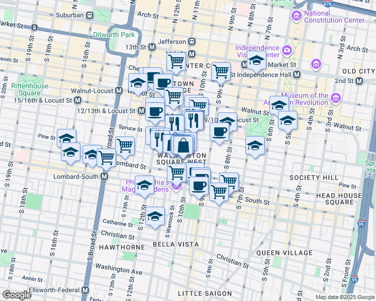 map of restaurants, bars, coffee shops, grocery stores, and more near 310 South 10th Street in Philadelphia