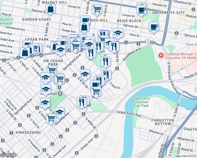 map of restaurants, bars, coffee shops, grocery stores, and more near 1220 South Melville Street in Philadelphia