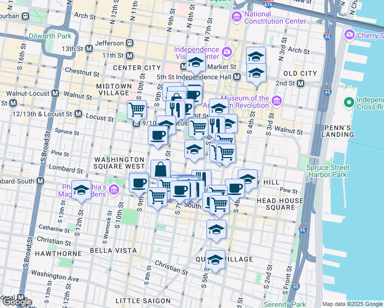 map of restaurants, bars, coffee shops, grocery stores, and more near 632 Spruce Street in Philadelphia