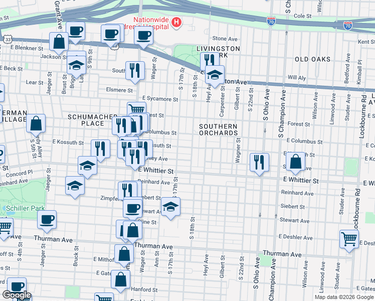 map of restaurants, bars, coffee shops, grocery stores, and more near 690 Stanley Avenue in Columbus