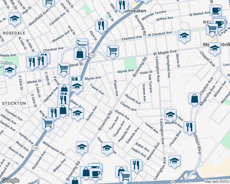 map of restaurants, bars, coffee shops, grocery stores, and more near 4749 Poplar Avenue in Pennsauken