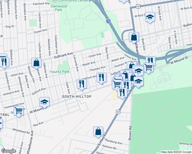 map of restaurants, bars, coffee shops, grocery stores, and more near 582 Edwin Street in Columbus