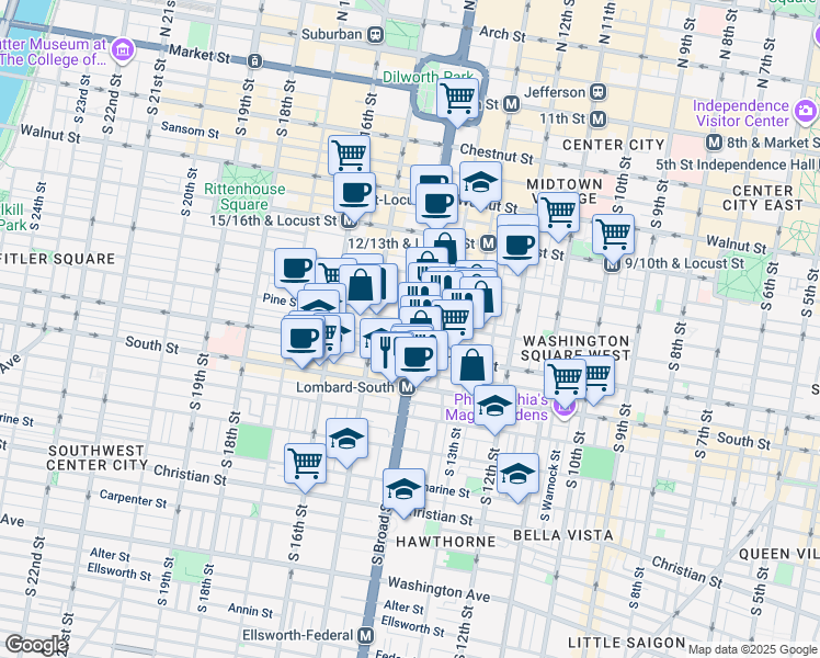 map of restaurants, bars, coffee shops, grocery stores, and more near 440 South Broad Street in Philadelphia