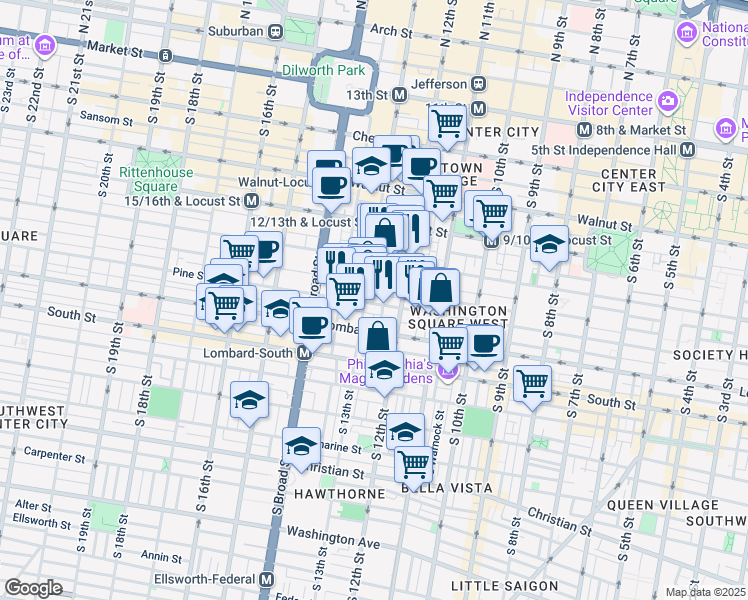 map of restaurants, bars, coffee shops, grocery stores, and more near 1233 Pine Street in Philadelphia