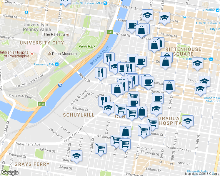 map of restaurants, bars, coffee shops, grocery stores, and more near 625 South Bambrey Street in Philadelphia