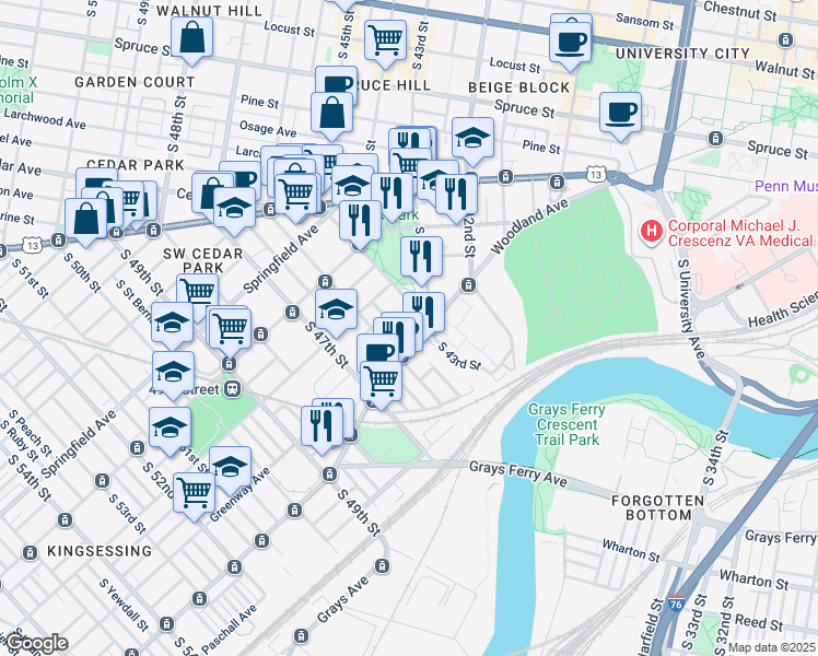 map of restaurants, bars, coffee shops, grocery stores, and more near 1225 South Melville Street in Philadelphia