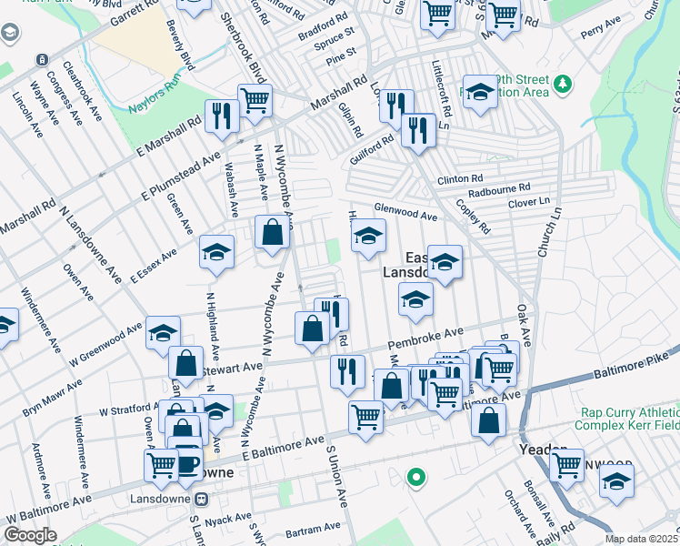 map of restaurants, bars, coffee shops, grocery stores, and more near 332 East Essex Avenue in Lansdowne