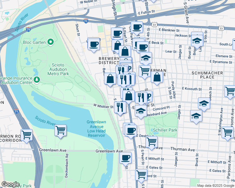 map of restaurants, bars, coffee shops, grocery stores, and more near 21 West Kossuth Street in Columbus