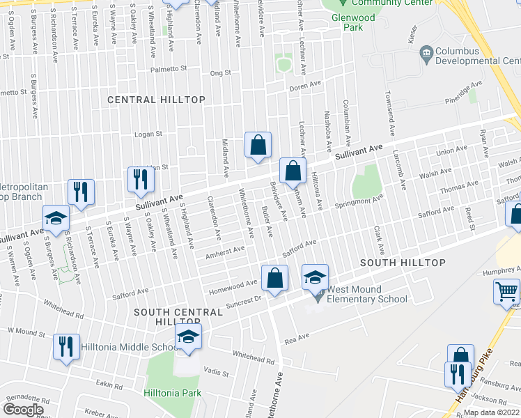 map of restaurants, bars, coffee shops, grocery stores, and more near 499 Butler Avenue in Columbus