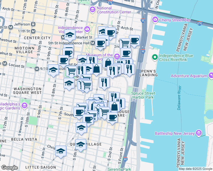 map of restaurants, bars, coffee shops, grocery stores, and more near 256 1/2 South 3rd Street in Philadelphia