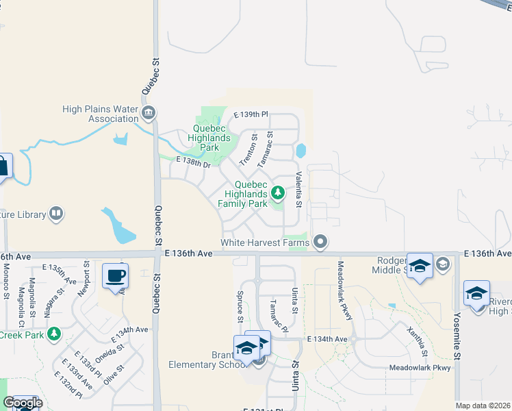 map of restaurants, bars, coffee shops, grocery stores, and more near 13659 Spruce Way in Brighton